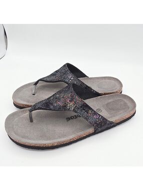 SoftMoc Black Glitter Thong Sandals Size 10 Womens Cork Footbed Comfort Slip On